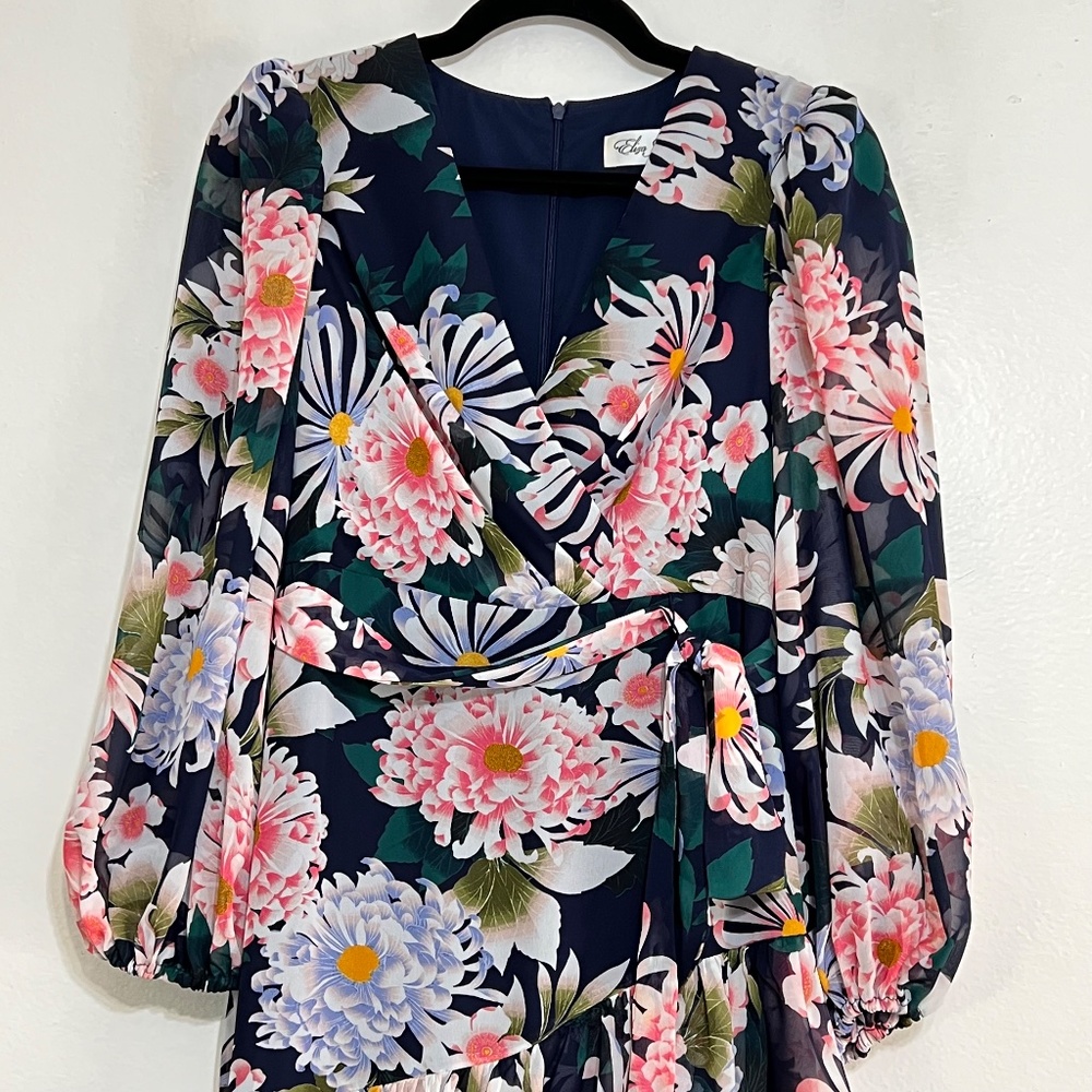 NEW Eliza J Floral Print Long Sleeve High Low Faux Wrap Dress Size 6 - Picture 4 of 11